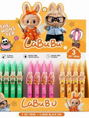 3pc Monster Bubu Character Gel Pen Set 0.5mm Black Ink Cute Stationery Pens